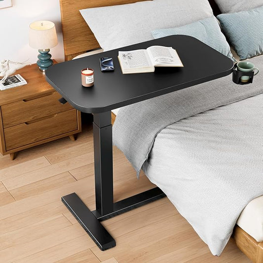 HUANUO 32Inch Bedside Table with Wheels, Height-Adjustable Rolling Computer Cart, Overbed Table with Cup Holder, Pneumatic Laptop Standing Desk for Home Office, Black