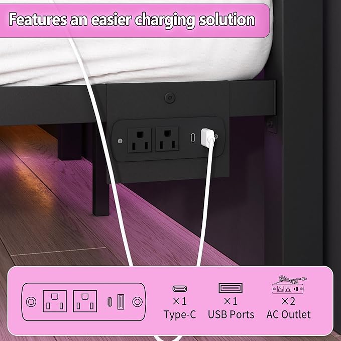 CLIBFENG Queen Size Bed Frame with Headboard and Footboard,Steel Slats Support-LED Bed Frame with USB Charging Station,Mattress Foundation-Under Bed Storage,No Box Spring Needed,Noise Free,Black