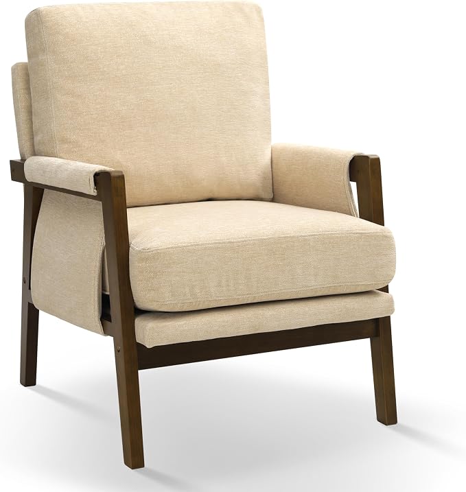 RNKSFX Beige Accent Chair for Bedroom & Living Room, Mid Century Modern Accent Arm Chair, Upholstered Anthropologie Accent Chair with Solid Wood Frame, Fabric