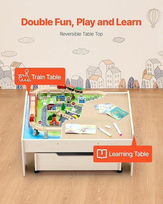 VEVOR Train Table, 100 Multicolor Pieces Wooden Kids Activity Table with Rolling Storage Drawer, 3-in-1 Wooden Train Set for Gaming, Drawing, Reading, Eating, Creative Toy Set for Kids Ages 3+