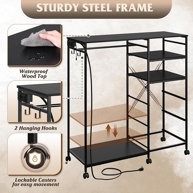 WLIVE Black Dresser with Hanging Rack for Bedroom, 3 Drawer Dresser with LED Lights & Charging Station, Fabric Dressers & Chest of Drawers, Storage Organizer with Open Shelves for Living Room