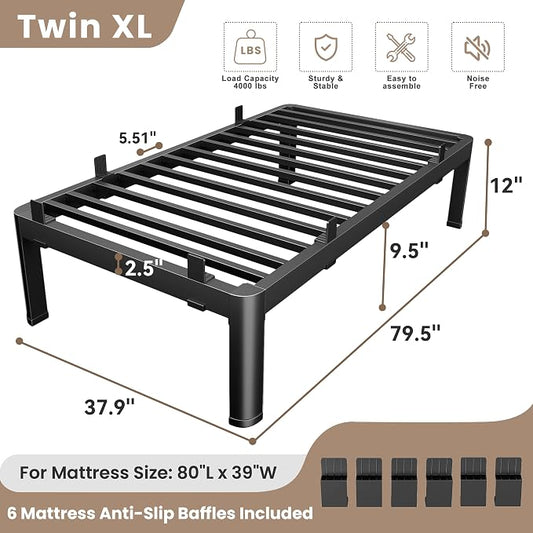 MAF 12 Inch Twin XL Metal Platform Bed Frame with Anti-Collision Round Legs, Black 3500 Lbs Heavy Duty Bed Frame Steel Slats Support, No Box Spring Needed, Easy Assembly
