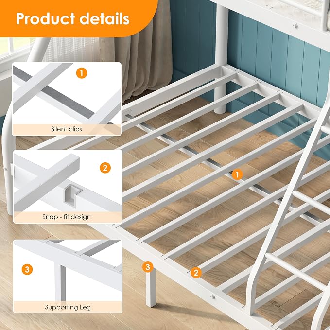 SDHYL Bunk Bed with Mattresses Twin Over Full Size,Heavy Duty Metal Bunk Beds for Adult,with Guardrail & Ladder,Perfect for Dorm Rooms,White