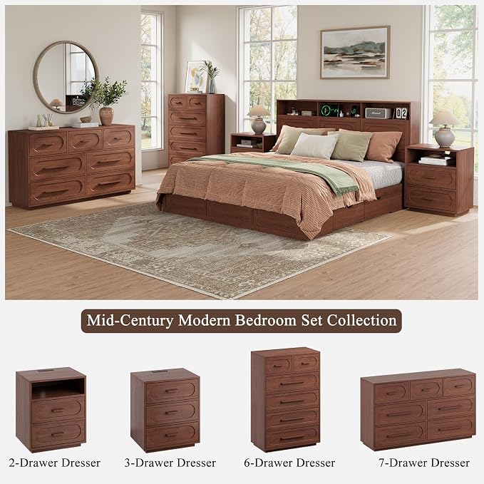 Walnut 6 Drawer Dresser for Bedroom, 44" Tall Dressers & Chest of Drawers with Solid Wood Handle, Wood Storage Dressers Organizer for Bedroom, Living Room