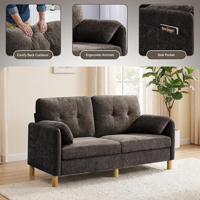 65" Loveseat Sofa, Mid Century Loveseat Couch for Living Room with Storage Pockets, Upholstered Small Loveseat for Small Spaces, Bedroom, Home Office, Apartments, Small Sofa Chenille Brown