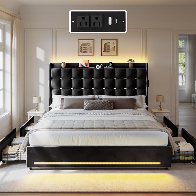 YITAHOME Queen Size Bed Frame with 4 Drawers and RGB LED Lights, Velvet Upholstered Platform Bed with Charging Station and Storage Headboard, No Box Spring Needed, Easy Assembly, Black