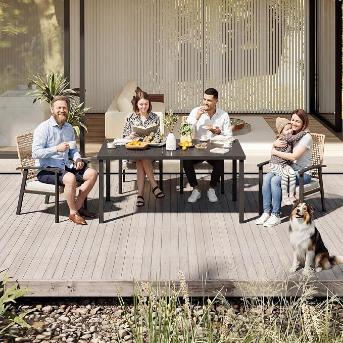 Aoxun 5-Piece Patio Table and Chairs Set for 4 with Umbrella Hole, Outdoor Dining Set with 6 Wicker Chairs and 1 Rectangular Metal Table, Patio Dining Sets with Soft Cushion for Backyard, Garden