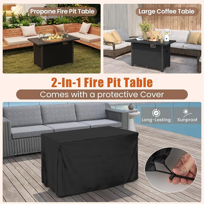 Tangkula Outdoor Propane Fire Pit Table, 42 Inch Rectangular Rattan Fire Table with Wind Guard & Glass Rocks, 50,000 BTU Smokeless Gas Fire Pit for Outside Patio (Black)