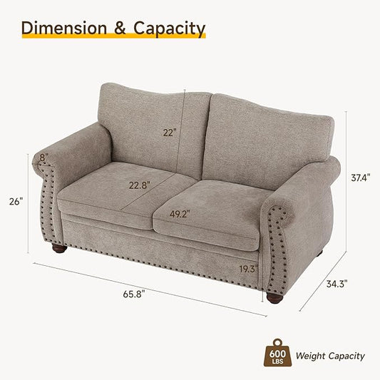 ONBRILL Nailhead Sofa, 66 Inch Small Couch with Rolled Arms, Chenille Fabric Loveseat w/Springs Seat Cushion, Vintage Curved Back, Turned Wood Legs, Comfy Couch for Living Room, Farmhouse, Beige