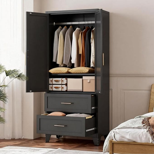 71" Tall Black Metal Storage Cabinet with 2 Doors, 2 Drawers, Interior Rail and Adjustable Shelf, Freestanding Utility Cabinet for Office, Laundry Room, Entryway, Garage and Home Storage