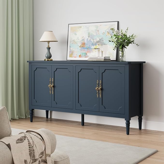 RoyalCraft 118" Buffet Cabinet with Storage, Vintage Sideboard with Adjustable Shelves, Mid Century Modern Painted Credenza Coffee Bar for Kitchen, Dining Room, Entryway, Living Room, Navy Blue