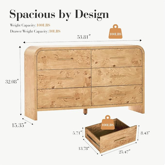 Curved 6-Drawer Dresser for Bedroom, 54" Wide Modern Chest of Drawers, Vanity Desk TV Stand for Living Room, Closet Storage Drawers Organizer Furniture, Nursery, Light Burl