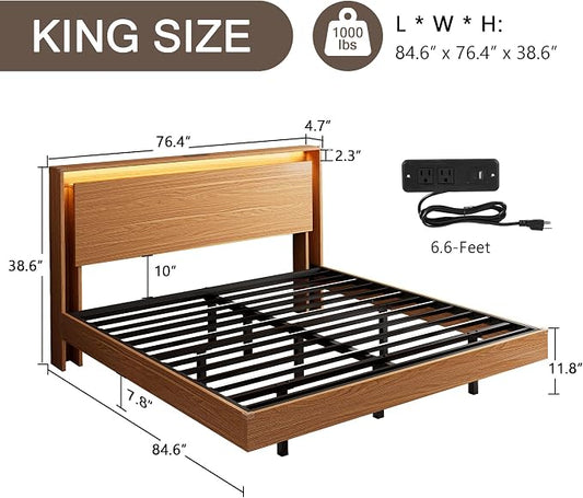 Einhomn King Size Bed Frame with LED Lights & Charging Station – Wood Floating Bed Frame with Storage Headboard, Adhesive Slats, Kick-Free & Noise-Free Design, Easy Assembly, Walnut