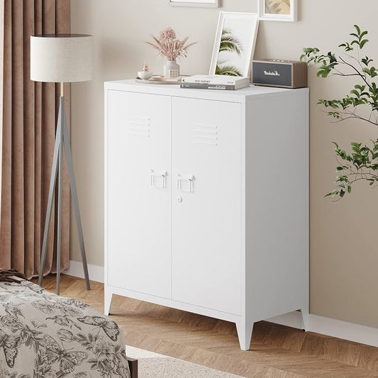 Metal Storage Cabinet with Lock, Locking Cabinets Office Storage Caninet with 2 Doors and Shelves, Lockable Steel Locker Floor Caninets Cupboard, Small Sideboard Buffet Cabnet for Home Office