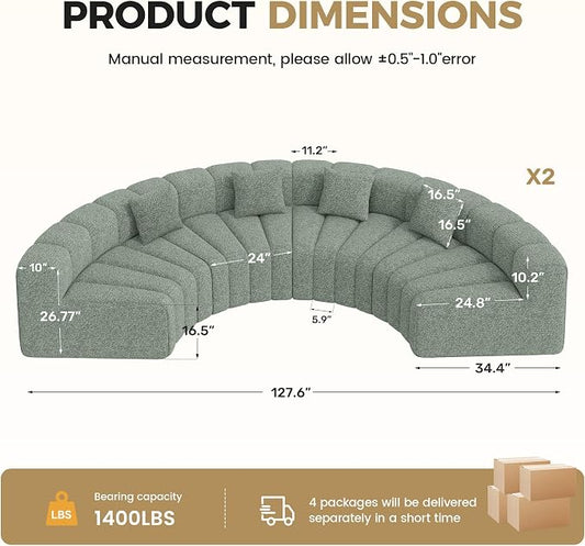Oversized Curved Sofa, 8 Seater Modular Velvet Cloud Couch, Modern Boneless Sectional Couches for Living Room, No Assembly Required, Light Green 1PC