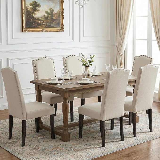 LSSBOUGHT Fabirc Dining Chair Upholstered Parsons Kitchen Chair with Copper Nails and Solid Wood Legs for Dining Room,Restaurant (Beige, 4PCS)