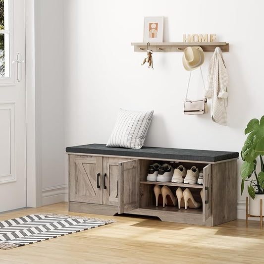HOMSHO Farmhouse Shoe Storage Bench with 4 Barn Doors & Padded Seat Cushion | 47.2" Wide Entryway Bench with Adjustable Shelves & Hidden Storage, Greige
