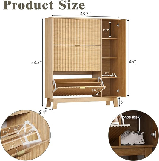 Shoe Cabinet Storage for Entryway with 3 Flip Drawers & Side Cabinet, Fluted Narrow Shoe Organizer with Wooden Leg, Freestanding Shoe Storage Hidden Shoe Rack Organizer for Front Door Entrance, Oak