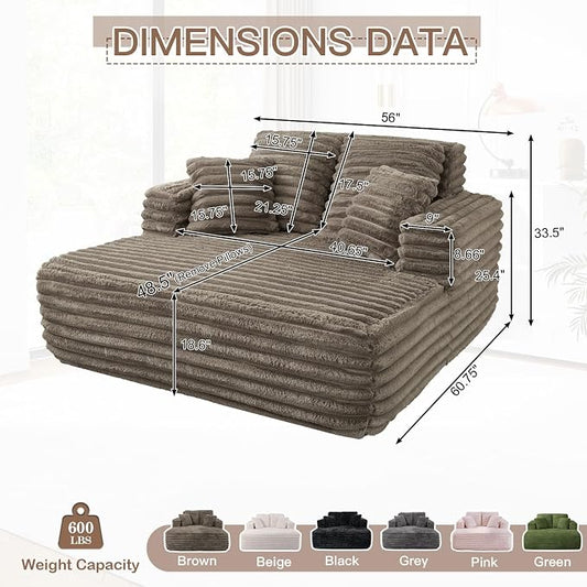 JEEOHEY 56" Oversized Chaise Lounge Chair Indoor,Plush Faux Fur Sleeper Sofa Couch Bed with Pillows&Wide Armrests,Fluffy Comfy Cloud Couch,Compression Foam Couch for Living Room,Bedroom(Brown)