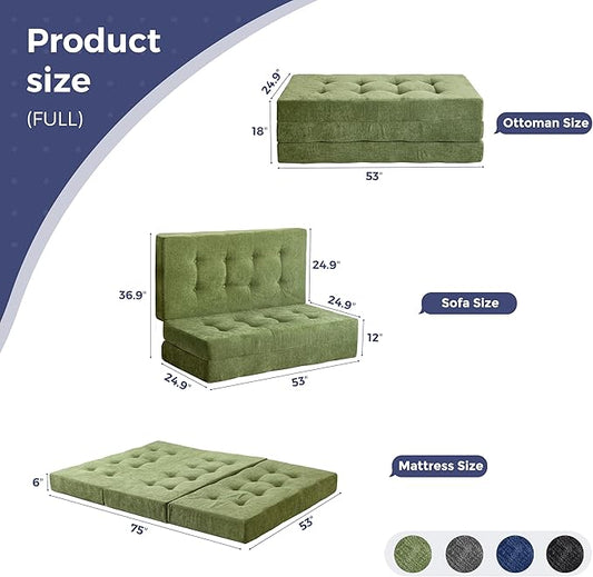 MAXYOYO 6" Folding Sofa Bed for Floor, Tufted Tri-Fold Floor Mattress with Chenille Fabric, Full Size Portable Sofa Couch Guest Mat for Adults, Foldable Topper for Camping, Green, 53"x75"