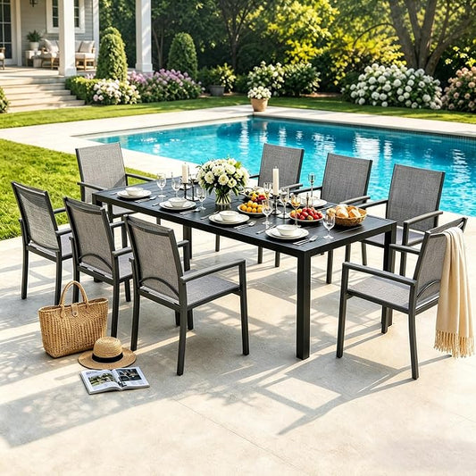 Bigget Extendable Outdoor Dining Set for 8, Expandable 8 Person Outdoor Dining Table Set with Highback Wide Deep Seat Armchairs 450LBS, Sturdy Powder-Coated 9 Piece Patio Dining Set for Backyard, Gray