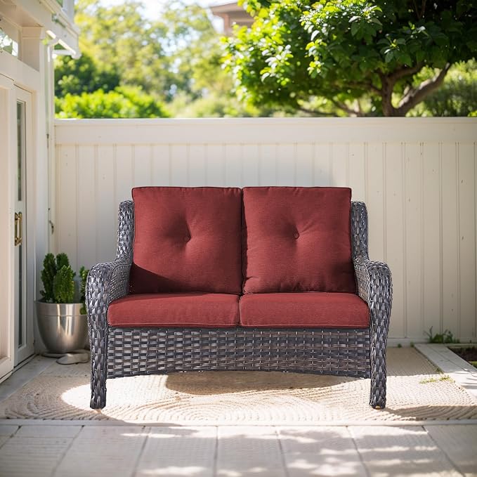 Outdoor Loveseat Sofa-2 Seater Rattan Wicker Patio Couch High Back Patio Sofa for Porch Deck Backyard-Brown/Red