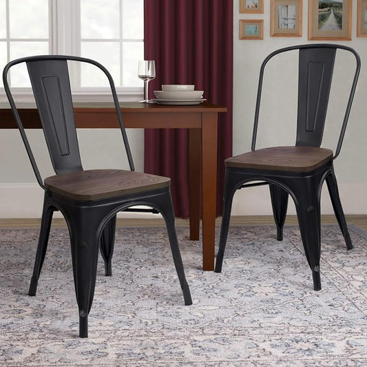 Furmax Metal Dining Chairs with Wood Seat, Indoor-Outdoor Use Stackable Chic Dining Bistro Cafe Side Metal Chairs Set of 4(Black)
