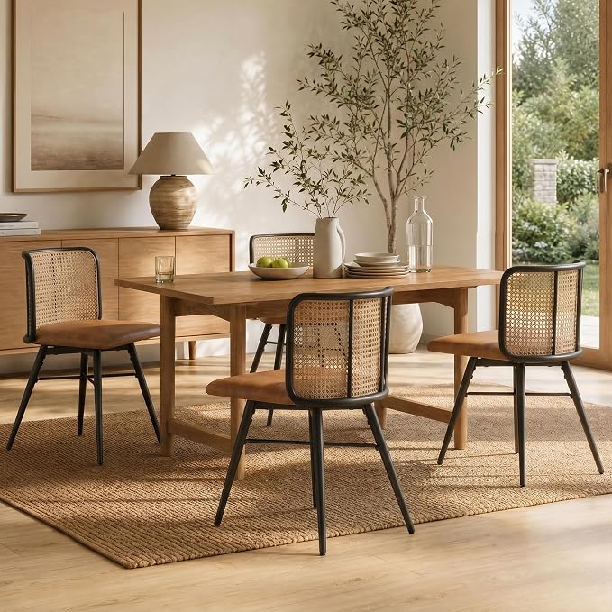 TYBOATLE Farmhouse Rattan Dining Chairs Set of 4 (Brown) | Boho, Natural Cane Woven Back, Faux Leather Seat, Metal Legs, Upholstered, Kitchen, Dining Room