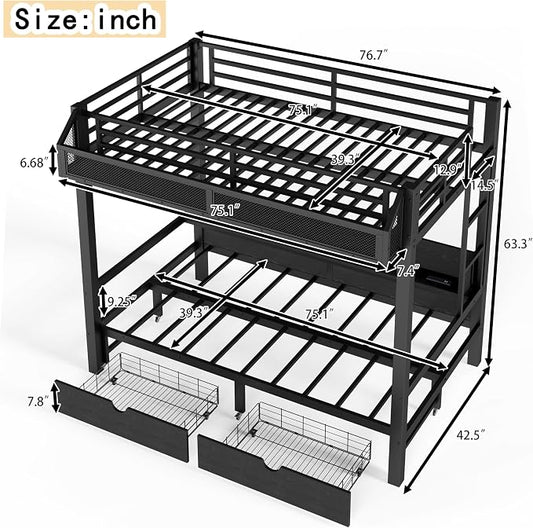 Bellemave Bunk Bed Twin Over Twin, Metal Bunk beds with Storage Shelves and Drawers USB Ports and LED Lights, Lower Bed that can be Converted into a Sofa, Black