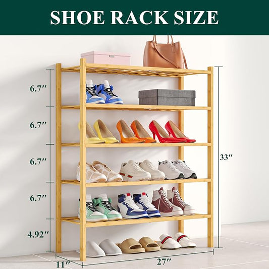 Smiry Bamboo Shoe Rack, 5 Tier Free Standing Wooden Shoe Organizer, Stackable Wood Shoe Storage Shelf for Closet, Entryway, 12 Vertical Slats, 2+2+1 Stack Standard Legs, 26.8"x11"x32.5", Natural