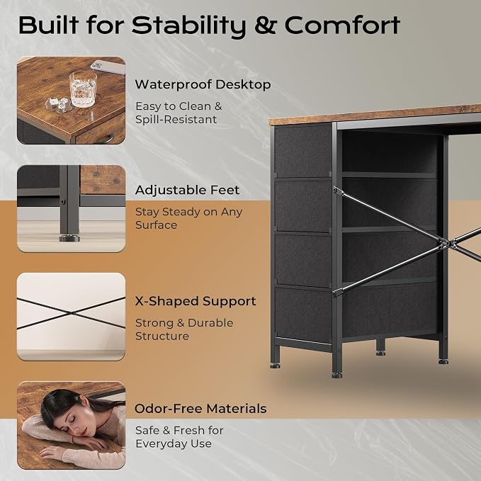 Huuger 63 Inch L Shaped Desk with Fabric Drawers, Computer Office Desk with Power Outlets and USB-C Port, Corner Desk with Storage Shelves, Work Study Home Office, Reversible, Rustic Brown, 1CD079F