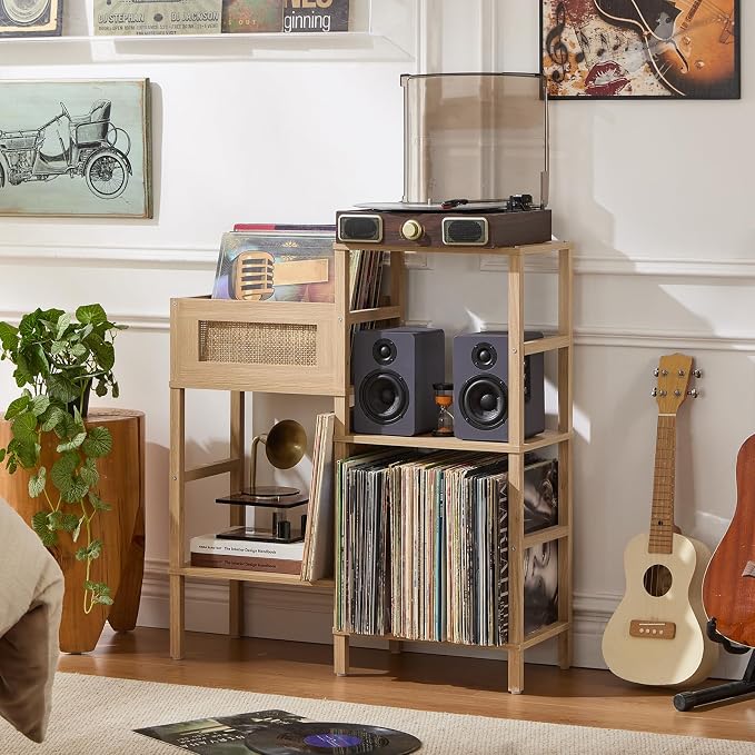 LELELINKY Record Player Stand, Natural Oak Wood Record Holder with Vinyl Storage Holds up to 300+ Albums, 3-Tier Rattan Media Table with Vinyl Display Shelf, Record Storage Cabinet for Living Room