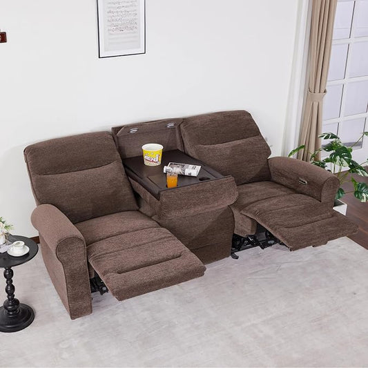 MCombo 87.8" Wall Hugger Power Reclining Sofa with Drop Down Table, 3-Seater Recliner Couch for Small Spaces Living Room RV, USB Ports, Fabric PR635M3 (Dark Brown)