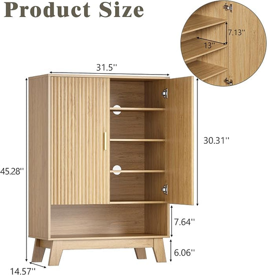 Shoe Cabinet Storage for Entryway with Doors, 5 Tier Fluted Shoe Organizer with Adjustable Shelves, Entryway Shoe Storage with Wooden Legs, Freestanding Hidden Shoe Rack for Front Door Entrance, Oak