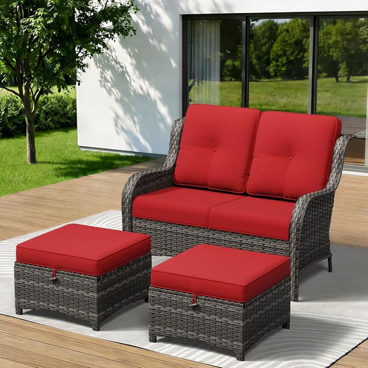 3-Piece Outdoor Couch Set, 1 Wicker Patio Loveseat with Thickened Olefin Cushions, High Back and Deep Seating, Hand-Woven PE Rattan and 2 Ottomans, Patio Conversation Set for Porch, Deck