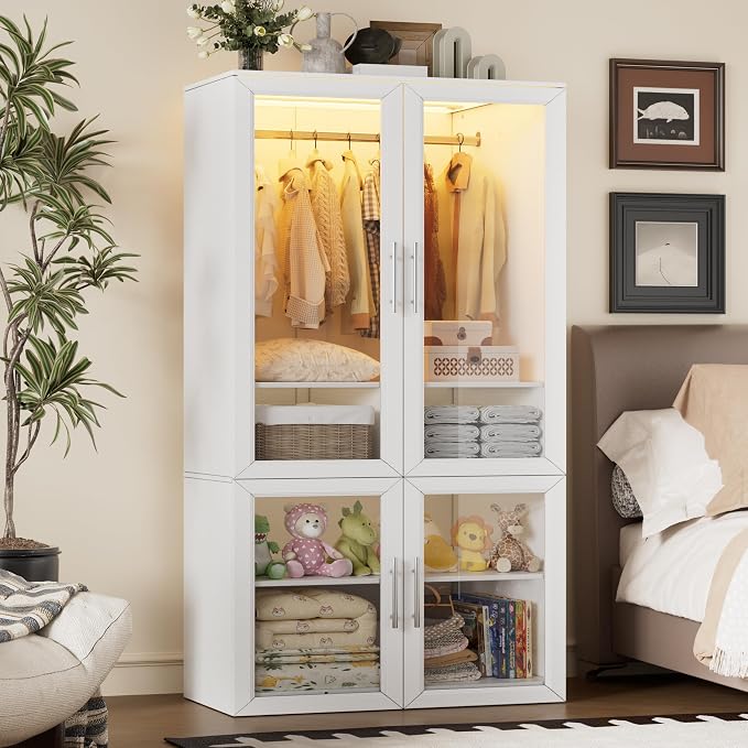 PAKASEPT Armoire Wardrobe Closet Door, Bedroom Closet Wardrobe Cabinet with Hanging Rod, Lighted Freestanding Armoire Storage Cabinet for Bedroom Cloakroom White (White&Full Glass Door)