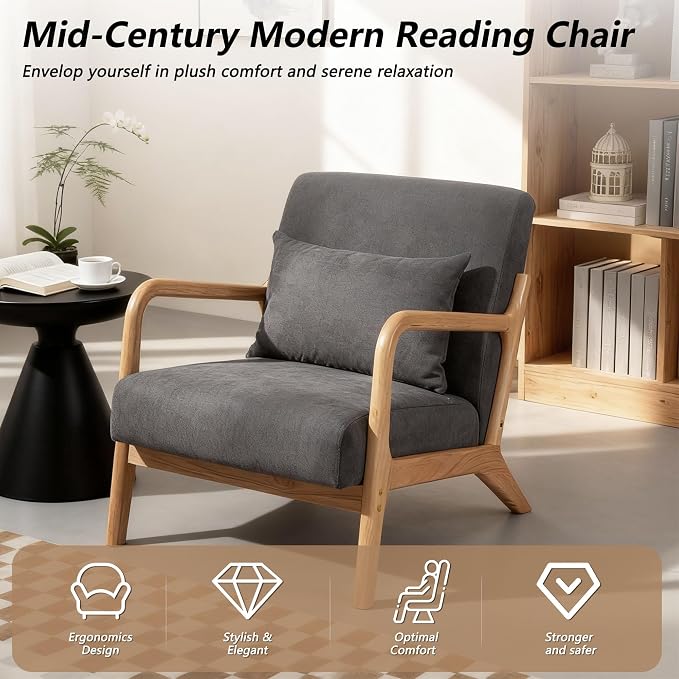 Set of 2 Mid Century Modern Accent Chair with Wood Frame and Linen Fabric Upholstery, Comfortable Lounge Armchair with Pillow, Wooden Accent Chair for Living Room, Bedroom, or Reading Corner