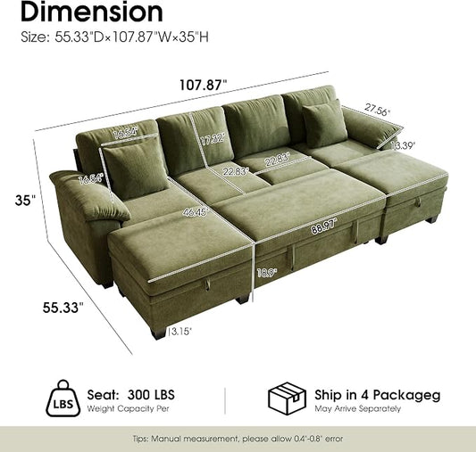 107.8" Modular Sectional Sleeper Sofa Bed, U Shaped 6 Seat Pull Out Couch with Storage Ottoman, Convertible Cloud Couch Bed, Sectional Couches for Living Room, Apartment (Green)