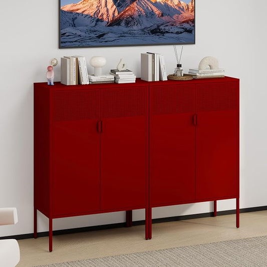 47''H Red Metal Storage Cabinet with 2 Adjustable Shelves, 2 Door Accent Cabinet, 3-Tier Metal Locker with Vent Hole, TV Stand for Entryway, Home Office, Music Studio, Home Office