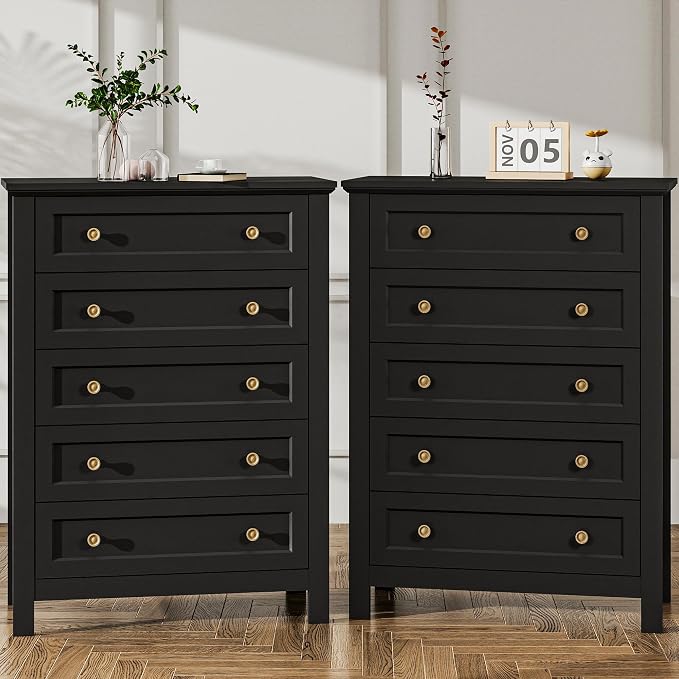 Farmhouse Dresser Nightstand Sets, 2-Piece Bedroom Furniture Set for Home | 5 Drawer Dresser Closet set of 2, Chest of Drawers for Bedroom, Living Room, Entryway, Black