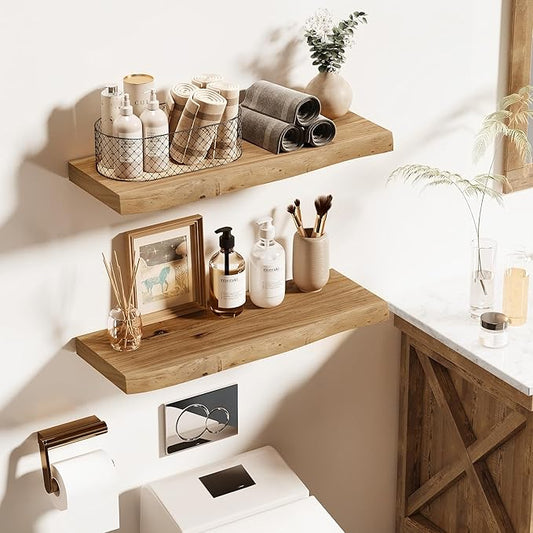 Vivelove Live Edge Floating Shelves 24 inch, Elm Wood Shelf, Rustic Farmhouse Wall Shelf with Invisible Bracket for Living Room Bedroom Bathroom Office Book, 24x8 - Set of 2 - Natural