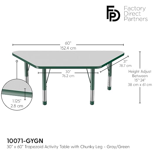 FDP Trapezoid Activity School and Classroom Kids Table (30 x 60 inch), Chunky Toddler Legs for Collaborative Seating Environments, Adjustable Height 15-24 inches - Gray Top and Green Edge