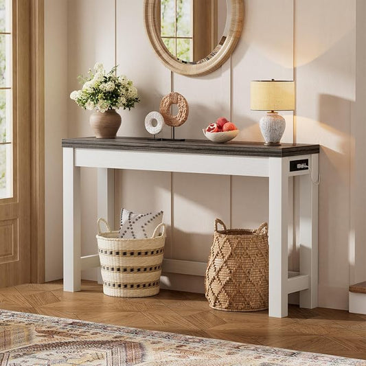 Cyclysio 47" Console Table with Charging Station, 13.8" Deep Farmhouse Sofa Table Behind Couch with 2 AC Outlets & 3 USB Ports, Entryway TV Console or Compact Home Office Desk, Oak Grey
