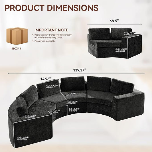 WUTUTUEE 139'' Curved Round Boneless Couch, Oversized Cloud Sofa with Deep Seat & Arms, Chenille Modular Sectional Sofa with Pillows, Upholstered Comfy 6 Seat Couch for Living Room, Black