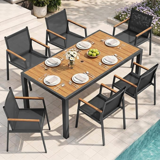 Outdoor Dining Chairs Set of 2, Aluminum Patio Armchairs, All Weather Patio Dining Furniture for Backyard, Deck, Poolside (Gray-Teak)