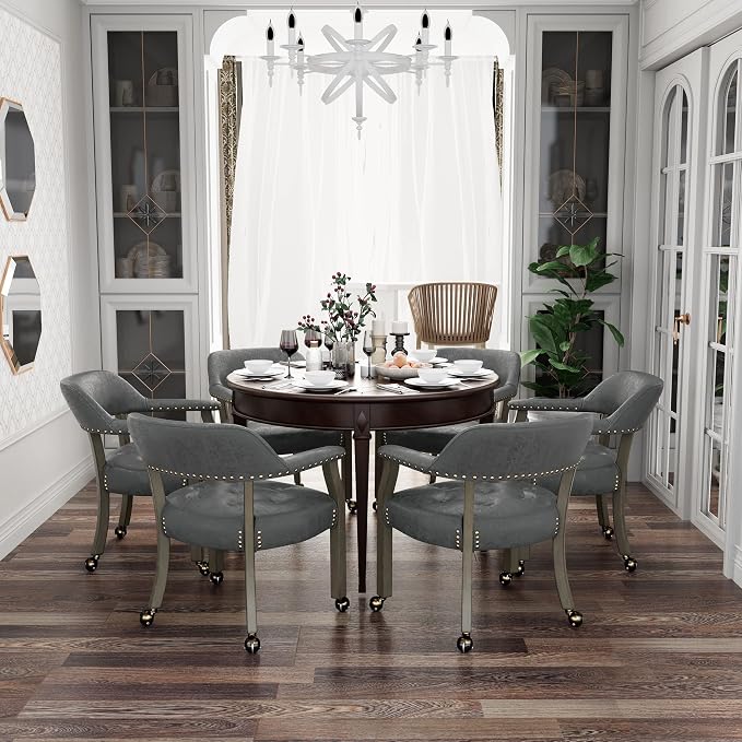 LEEMTORIG Set of 2 Dining Chairs with Casters and Arms, Rolling Dining Chairs with Wheels for Elderly, Ergonomic Wide Seat Wooden Office Desk Chair, 26"Dx25.2"W, Grey Legs&Dark Grey Fabric SY-1318-GY