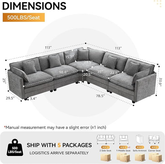 113'' V Shaped Cloud Sectional Sofa, Oversized Deep Seat Couches for Living Room, Chenille Comfy Upholstered Modular Sectional Sofa Couch, Grey