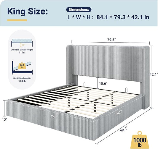 Allewie King Lift-Up Storage Bed Frame with Modern Wingback Headboard, Corduroy Upholstered Platform Bed, Hydraulic Gas Lift Support, Underbed Storage, Wooden Slats, No Box Spring Needed, Grey