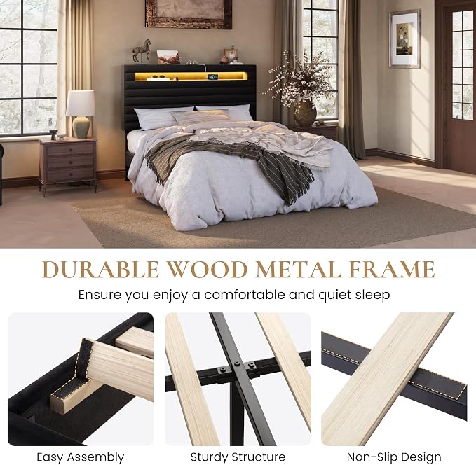 SHA CERLIN Queen Bed Frame with LED Light & 2-Tier Storage Shelf, Velvet Upholstered Adjustable Headboard with Charing Station, Horizontal Channel Tufted, No Box Spring Needed, Easy Assembly, Black