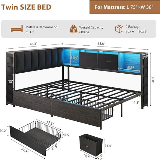 MapleGrace Twin Corner Bed Frame with Upholstered Storage Headboard and Drawers, Metal Platform Bed Frame with LED Light and Charging Station, Twin Daybed for Living Room, Bedroom & Guest Room, Black